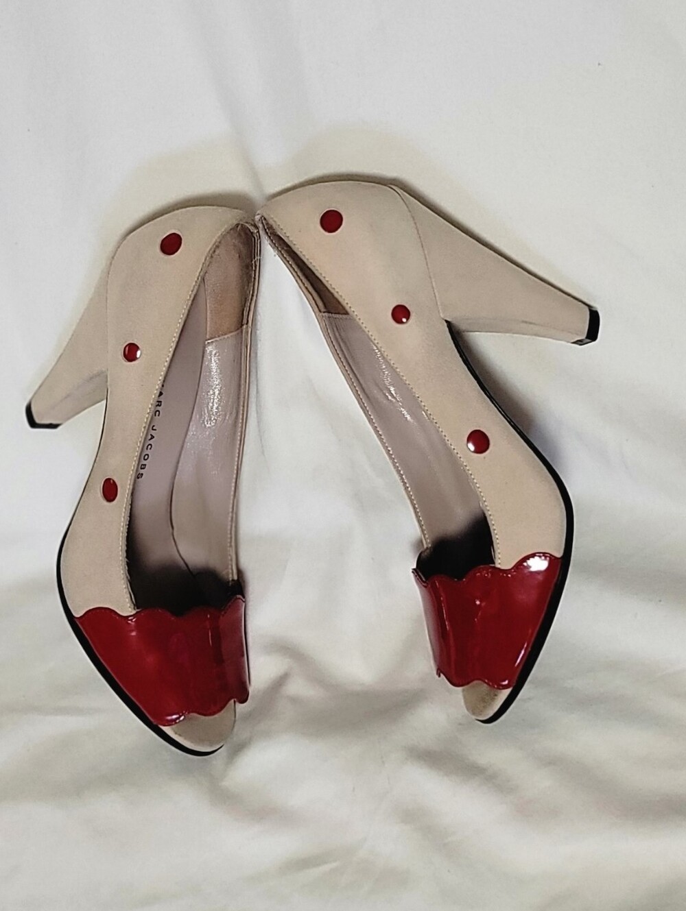 Marc by Marc Jacobs Beige Suede Heels with Red Polka Dots - Picture 6 of 13